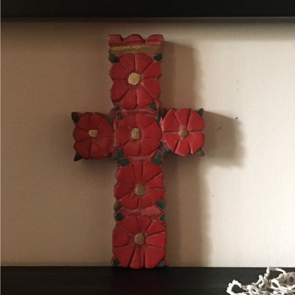 Hand-Carved, Hand-Painted Christian Cross. 6 1/2 x 3 3/4.